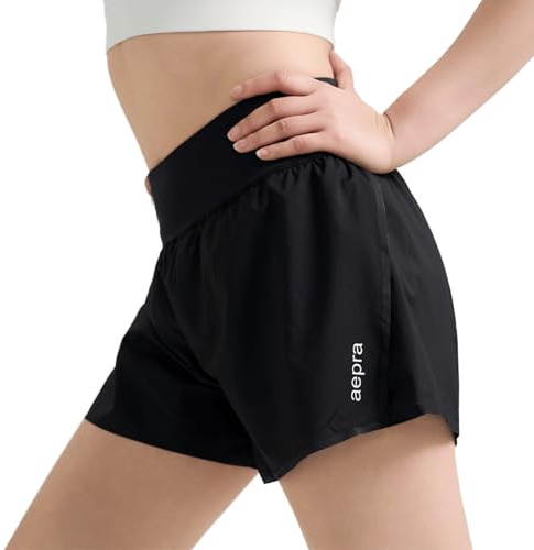 aepra Pantaloncini Running Donna 2 in 1, Shorts Sportivi Donna Estivi con Tasche Laterali, Vita Alta No Roll-Up, Leggeri e Traspiranti per Corsa Palestra Tennis Trekking