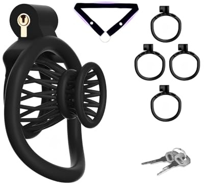 Cage de Chasteté pour Pénis Sex Toýs Homme Chastity Cage Inversée avec Ceinture et 4 Anneaux Différents Cage de Chastetée Légère avec Verrous pour Immobiliser le Pénis d'un Homme (Black,A)