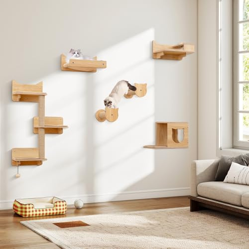 COSTWAY 6 PCS Kletterwand Katzen, Kratzbaum mit Plattformen, Napf, Katzenhaus, Hängematte, 2 Kratzpfosten & Ball, Katzenbaum Wand, Katzentreppe Kletterbaum Holz, Katzenmöbel Natur