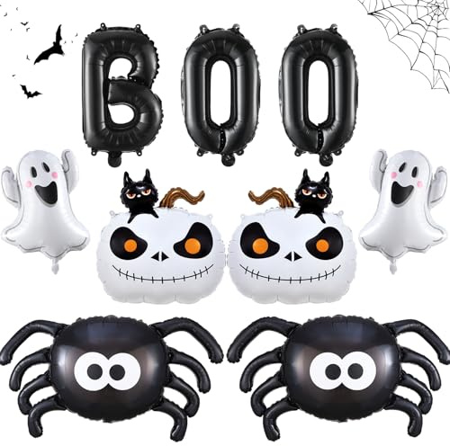 7PCS Halloween Balloons Decorations Black Boo Balloons, White Ghost Black Spider White Cat Pumpkin Foil Balloons for Halloween Birthday Baby Shower Party Supplies