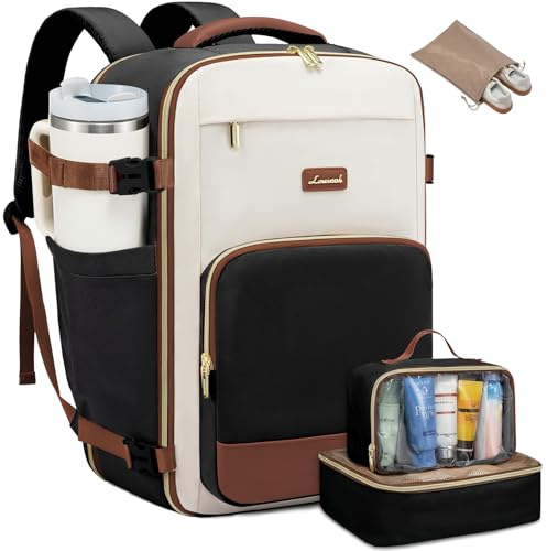 LOVEVOOK Handgepäck Rucksack, 17.3 Zoll Rucksack Handgepäck Flugzeug, Groß Reiserucksack Damen Spritzwasserfest, 40L Travel Backpack, Reise und Business, Urlaub Must Haves - Schwarz Beige Braun