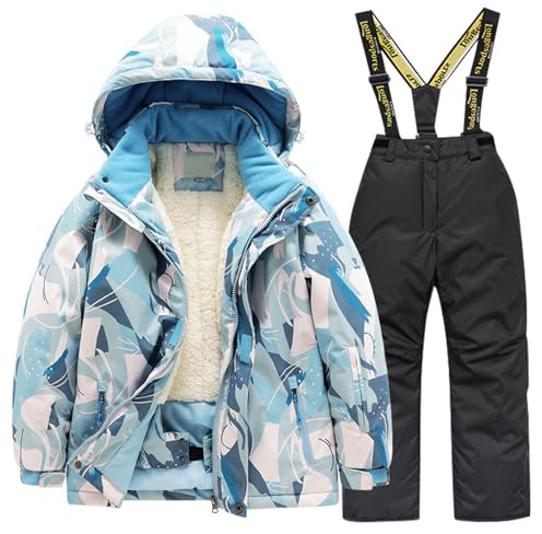 Generisch Combinaison de ski d'hiver doublée pour enfants - Veste et pantalon - Ensemble pour garçons et filles - Combinaison de neige chaude - Protection contre les intempéries, Noir , 6-8 ans