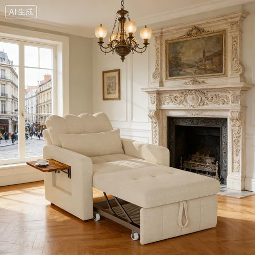 KRYZOR Tagesbett Ausziehbar, Schlafsofa 1 sitzer, Bettsofa mit schlaffunktion, Daybett Polsterbett Jugendbett Ausziehbett mit matratze und lattenrost, Chenille (Cremefarben, 2-in-1)