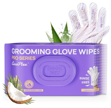 HICC PET Dog Cleaning Glove Wipes, Pro Series, Hypoallergenic Pet Glove Wipes, Extra Thick Dual-Textured for Paws, Face, Ears & Butt, Cat Brushes for Long Short Hair, Coconut Scent