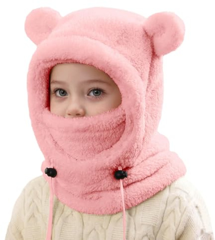 Générique Cagoule Unisexe pour Enfant 3-10 Ans, Bonnet Hiver Chaud en Laine, Chapeau Ski avec Protection d'oreilles et Écharpe, Ajustable Cagoule Garcon Fille (Rose)