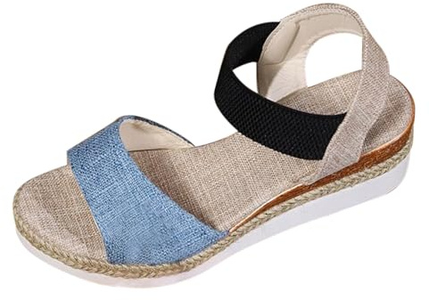 Espadrilles för damer kilklack, kilsandaler damer eleganta strandsandaler platå sommarsandaler bekväma sommarskor andas ankelremmar sandaler gummiband sandalett, Ljusblå, 41 EU