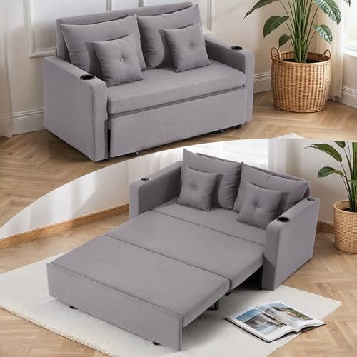MELLCOM Two Seater Sofa Bed,Pull Out Sleeper Sofas,3 in 1 Couch with Cup Holders,USB,Magazine Bag,Lounge Chair for Living Room,Bedroom,Apartment,Grey