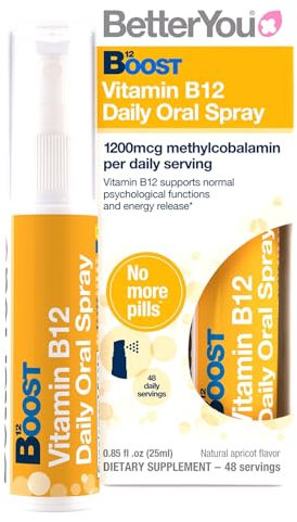 BetterYou Vitamin B12 Oral Spray, High Strength Methylcobalamin Supplement, 1200mg per dose to Boost Energy, Natural Apricot Flavour, 48-Day Supply
