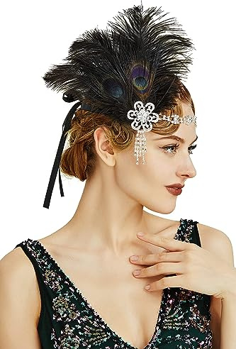 BABEYOND 1920-talet fjäder pannband 20-talet stil art deco flapper hårband Great Gatsby pannband damer kostym accessoarer svart