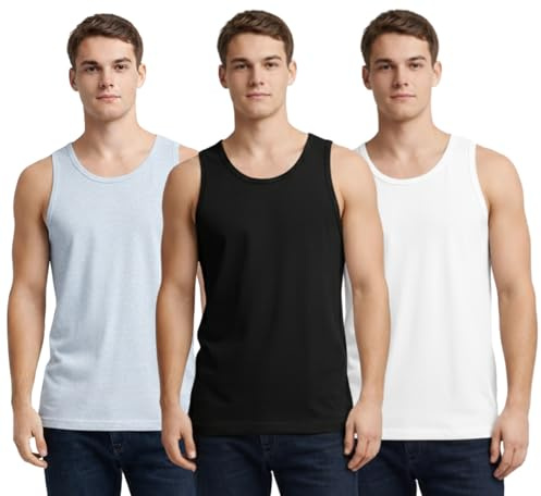 Bahob® New Mens Vest Multi Pack Lot Basic Regular Fitted Cotton Tank Top Athletic Soft Assorted Pack of 3 (3 Pack Black White Grey, XL)