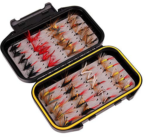 Fliegenfischen Zubehör, RoseFlower Professional Trocken Angel-Fliegen Kunstköder Set Trockenfliegen Fliegenköder Fliegenfischen Köder Set mit Wasserdichte Box für Zander Bass Fischbarsch Lachs Forelle