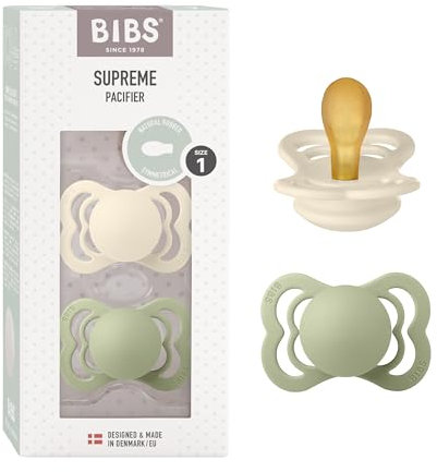 BIBS Supreme Schnuller 2er-Pack, BPA-frei, Symmetrischer Nippel. Naturkautschuk/Latex, Hergestellt in Dänemark. 0-6 Monate (2er Pack), Ivory/Sage