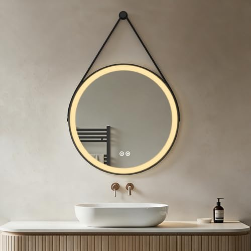 Heilmetz LED Badspiegel Rund 60cm, Spiegel mit Beleuchtung, 3 Lichtfarbe, Dimmbar, Touch-Schalter, Badezimmerspiegel mit Licht, Band zum Aufhängen, Schwarz Rahmen