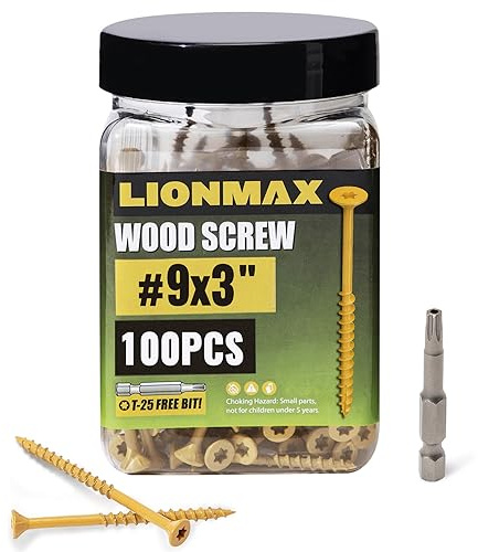 LIONMAX Deck Screws 3 Inch, Wood Screws #9 x 3, 100 PCS, Rust Resistant, Exterior Epoxy Coated, Outdoor Decking Screws, Torx/Star Drive Head Deck Screw, T25 Star Bit Included, Tan
