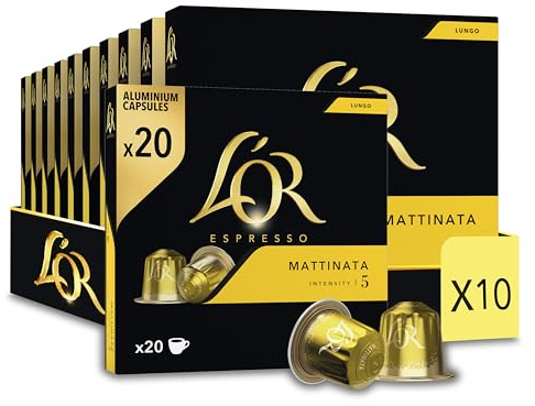 L'Or Espresso Café - 200 Capsules Lungo Mattinata Intensité 5 | Compatibles Nespresso®*, lot de 10 x 20 capsules aluminium
