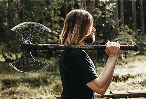 SHINY CRAFTS® Handmade Double Head Axe Hatchet Norse Axe- 38 inch Long Two Handed Berserker Hatchet Carbon Steel Axe - Bearded Axe-with Leather Sheath