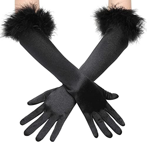 JIAHG Women Black Feather Gloves Ladies 1920s Long Evening Opera Gloves Halloween Fancy Dress Gloves Handwear Wedding Bridal Satin Gloves Halloween Party Prom Gloves Costume Accessory