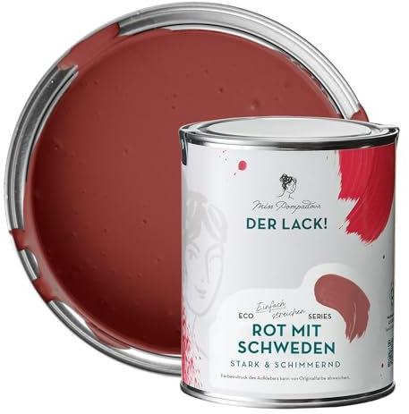 MissPompadour seidenmatte Holzfarbe Innen & Außen 1L Rot mit Schweden, Möbelfarbe ohne Schleifen - Farbe für Holz, Metall, Kunststoff - Holzlack, Möbellack schnelltrocknend mit hoher Deckkraft