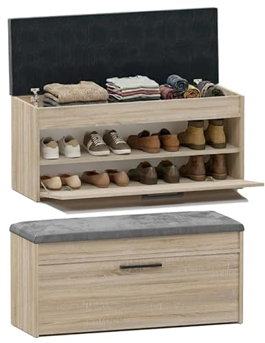 BDW Schuhschrank Schuhbank mit Sitzfläche Schuhregal, Schuhkipper, 100x35x49cm - Flur, Wohnzimmer, Schlafzimmer, perfekte Lösung bei Platzmangel für Schuhe (Eiche Sonoma)
