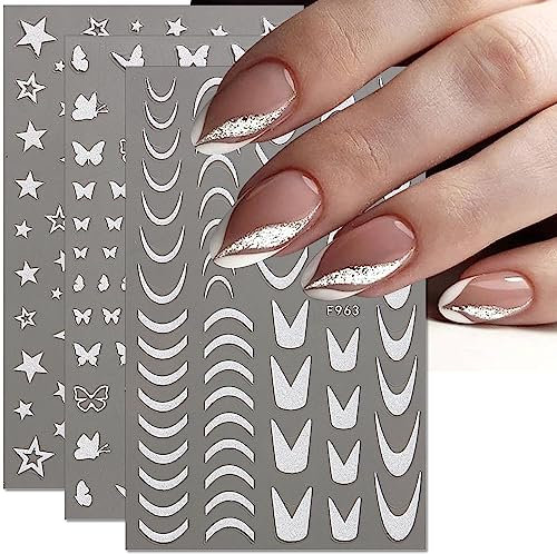 8 Blätter Glitzer Nagelsticker Selbstklebend French Nail Sticker 3D Herz Schmetterling Stern Nagelaufkleber Reflektierende French Nails Aufkleber Weiße Nail Art Aufkleber für Damen Nageldesign Zubehör