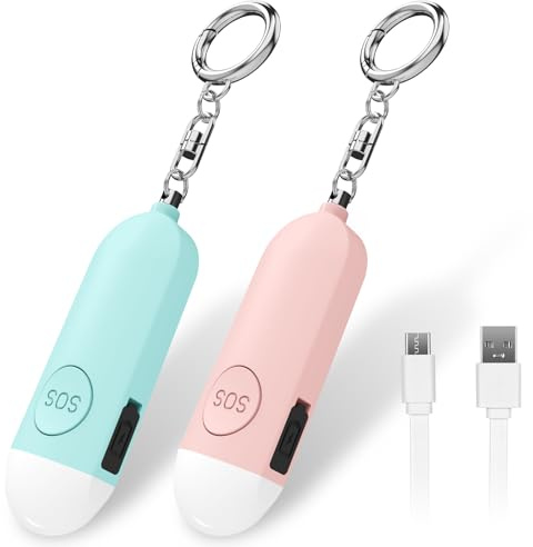 Qoosea 2 Taschenalarm mit 130 dB Persönlicher Alarm Safesound Persönlicher Sicherheitsalarm Wiederaufladbare Sirene Polizei genehmigte Panik Alarm mit LED-Licht, Schlüsselanhänger (Blau+Rosa)