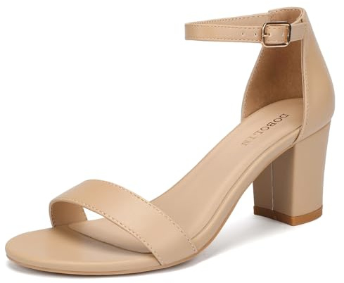 DOBOLIN Wide Width Heels for Women Dress Shoes Heeled Sandals 2.5-Inch Low Block Chunky Ankle Strap Strappy Open Toe Pumps Dressy Wedding Bridal Nude Size 9.5W