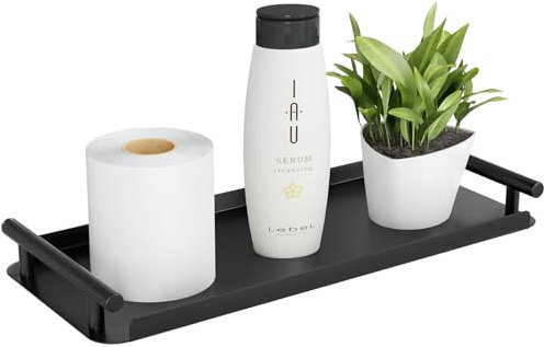 FEILERN Badezimmer Tablett, Metall Deko Tablett Rechteckig mit Griff, Kleines Dekotablett Schwarz Rutschfestes Ablageschale für Toilettenpapier, Seifenspender, kosmetik, Küche und Bad 35,5 x 10,2 cm