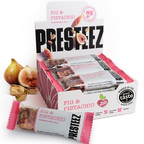Presteez Fig & Pistachio, No Added Sugar Fruit & Nut Bars, Vegan, 12 Pack | 35g minimally processed, clean eating healthy snacks for adults, vegan, gluten free, no added sugar or sweeteners energy bar