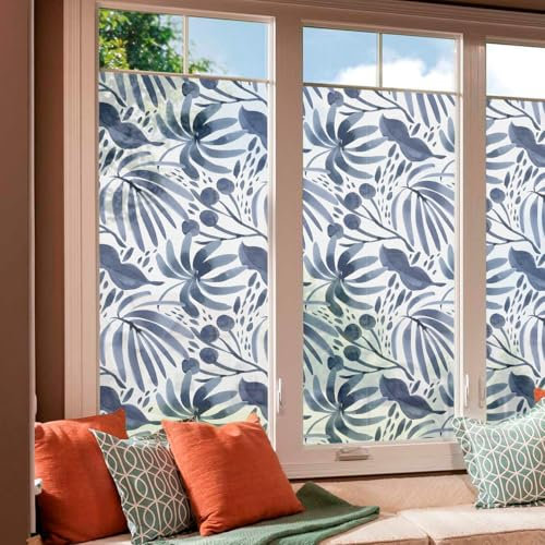 Milchglasfolie Retro Blaue Blätter Fensterfolie Selbstklebend Milchglasfolie Fenster Bad Fenster Sichtschutzfolie Fensterfolie Blickdicht Folie für Fenster Folie Fenster Sichtschutz 40x120cm/3 Pcs
