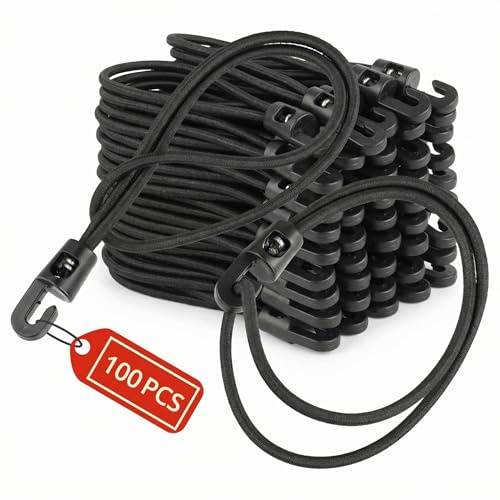 QWORK® 100 Stück 25 cm Spanngurte mit Haken - 4mm Gummiseil für Camping & Planenspanner - Wetterfeste Gummispanner in Schwarz