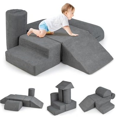 GOPLUS 6 TLG. Schaumstoffbausteine, Riesenbausteine aus Schaumstoff, Kletterblöcke zum Toben und Klettern, Softbausteine Großbausteine Mehrfarbig für Babys & Kleinkinder, 220x25cm (Grau)