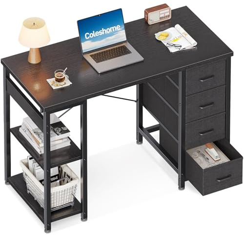Coleshome Small Computer Desk with Fabric Drawers, 100 x 40 cm, Black | Reversible Office Desk with Storage Shelves, Compact Study Writing Desk for Home Office, More Storage Space in Small Room