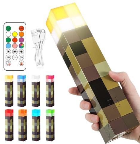 Lámpara de pared con antorcha Craft, 28cm lámpara de noche recargable 4 colores, iluminación de mano/pared con ganchoy control remoto, lámpara de mesita de noche para niños, regalos, cosplay, salón