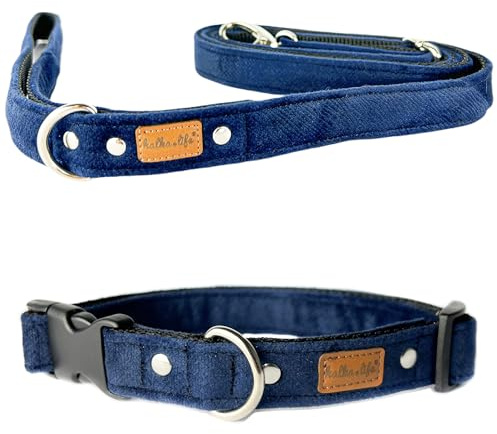 Hundeleine und Halsband – Set für einen Hund mit Leine und Halsband – Doppellagiges, Starkes Halsband mit Metall- oder Kunststoffschnalle (Marine, S (Kunststoffschnalle))