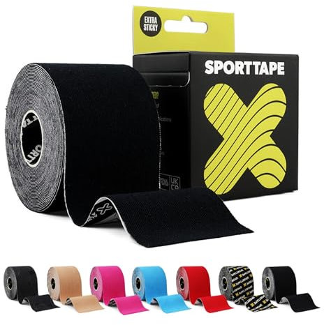 SPORTTAPE Original Kinesiology Tape 5cm x 5m, Black - Hypoallergenic, Waterproof K Physio Tape for Muscle Injury Relief, Recovery, Support, Shoulder, Back & Joints - Uncut Single Athletic Roll