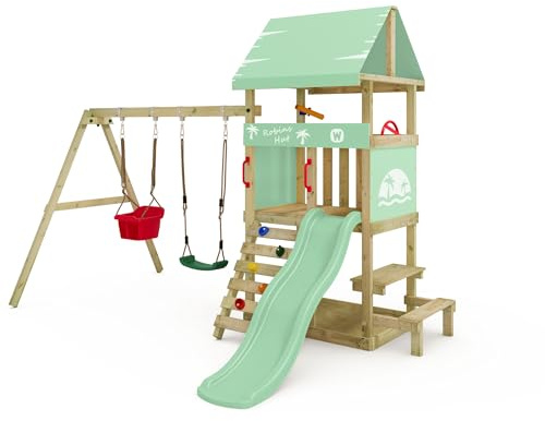 Wickey lektorn DinkyHouse med picknickbord – pastellgrön rutschkana och presenning – klättertorn för barn för trädgården av massivt trä – 334 x 317 x 247 cm