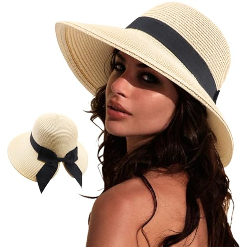 DRESHOW Cappelli da Sole per Donna Fedora da Viaggio Pieghevole da Spiaggia Cappello da Sole Sstivo a Tesa Larga in Paglia con Fiocco UPF 50+