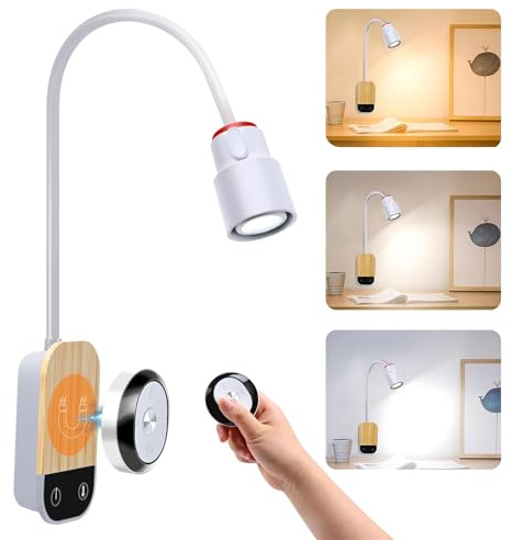 Wall Mounted Reading Light & Bedside Sconce - Rechargeable Battery Operated with Remote/Touch Control, 5 Color Temperatures(3000K-6500K), Stepless Dimming, 45min Timer, Flexible Gooseneck (White)