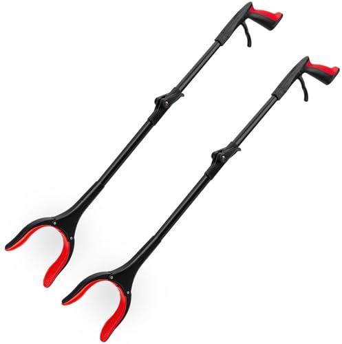 THINKWORK 2-pack kattplockare för vuxna, 81 cm (32 tum) hopfällbar grepppinne för äldre, hjälper handgreppare för funktionshindrade, slitstark pick-up-greppare, bärbar gummipockare (röd)