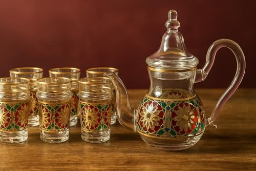 Service à Thé Marocain en Verre, Théière Artisanale avec Motifs Floraux et 6 Verres Assortis, Décor Doré et Vert