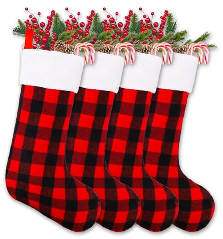 XIMISHOP 4 Stück Weihnachtsstrumpf,Nikolausstiefel Stoff Rot-Schwarzes Karomuster Weihnachtssocken Zum Befüllen Aufhängen Für Weihnachts Innen Haus Kamin Weihnachtsbaum DIY Basteln