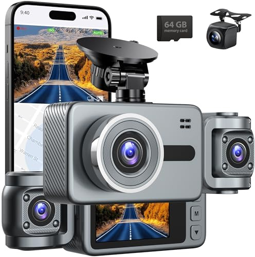 Dash Cam Front and Rear, 3 Channel Dashcam Car Camera with 64GB SD Card, Wi-Fi, Night Vision, 3 IPS Display, G-Sensor, APP Control, Loop Recording for Cars, Vans, Trucks (Gray)