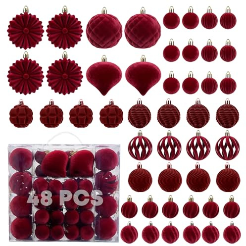 48Pcs Velvet Christmas Baubles Balls Ornaments Set, Flocked Christmas Tree Hanging Decorations, Shatterproof Burgundy Large & Small Bauble for Xmas Party Holiday Decor (Red)