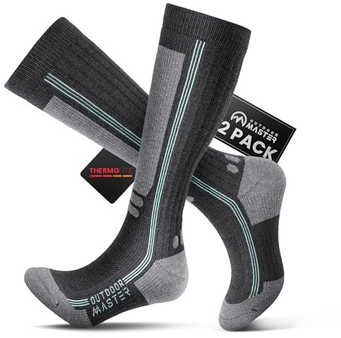 OutdoorMaster Chaussettes de ski en laine mérino, chaussettes thermiques de compression à coussin léger pour hommes et femmes, chaussettes de snowboard par temps froid