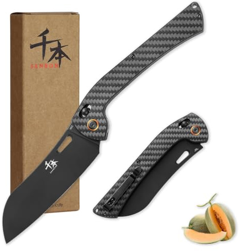 SENBON klappbarer Kochmesser, AUS-8 Edelstahl mit schwarzer Titanbeschichtung, Kohlefasergriff mit Rückenschlaufe, tragbares Outdoor-Santoku-Messer