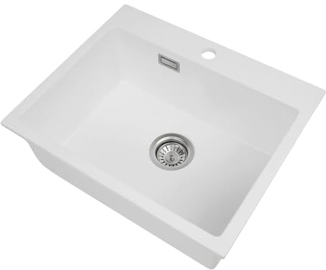Évier de cuisine - 55 x 45 cm - 1 bac encastrable - En pierre de quartz - Pour meuble bas de 55 cm avec trop-plein, siphon et bonde - Blanc