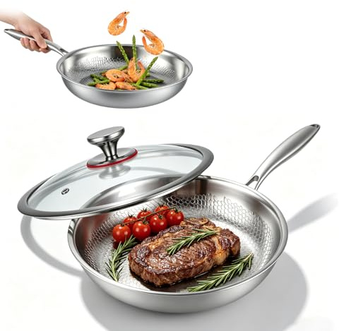 VeftBltrem Padella in titanio con coperchio, padelle in titanio con motivo martellato per cucinare, antigraffio, antiaderente, padella Pro a induzione, per cucina e campeggio (22cm)