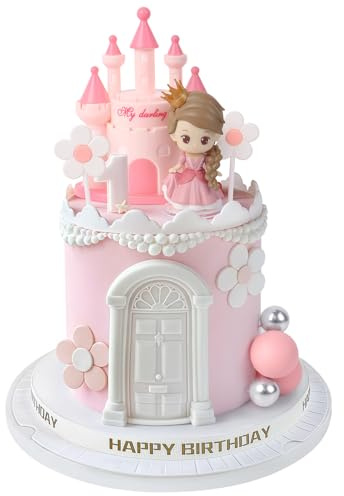 8PCS Princess Cake Topper Castle Cake Decoration with Flower Balls for Princess Theme Girls Baby Shower Birthday Party Decoration