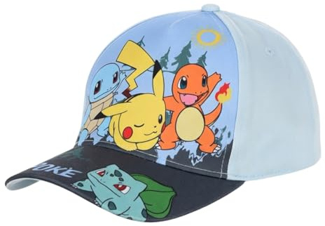 Pokemon Baseball Cap, Kappe Schirmmütze für Kinder Jungen Mädchen Cappy mit Klettverschluss verstellbar (DE/NL/SE/PL, Numerisch, 54, 'Hellblau)