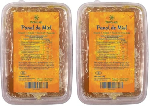 Panal de miel x 350 g - Miel panal de Mil Flores con aroma floral, cosechada en UE. Miel en panal, mejora las defensas, propiedades antivirales. (Paquete de 2)